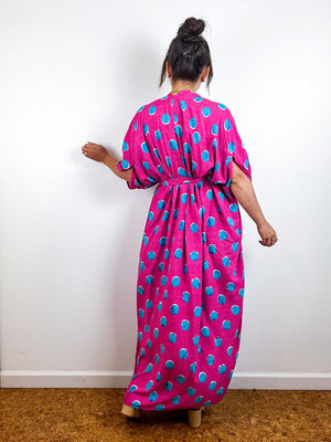 Print High Low Kimono Fuchsia Turquoise Dots Challis