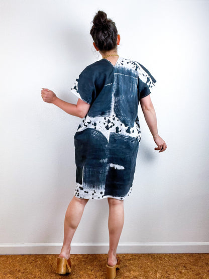 Hand-Dyed Linen Mini Smock Dress Black Brush Drip