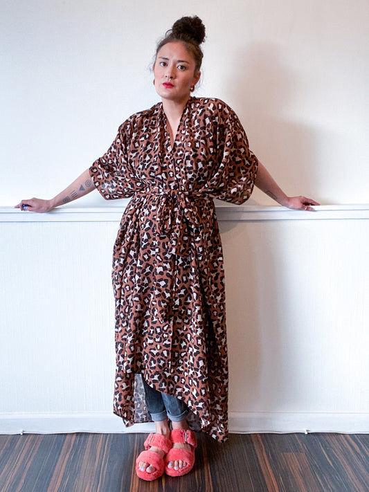 Print High Low Kimono Leopard Crinkle Double Chiffon