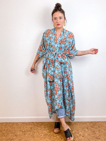 Print High Low Kimono Turquoise Pansy Floral Chiffon