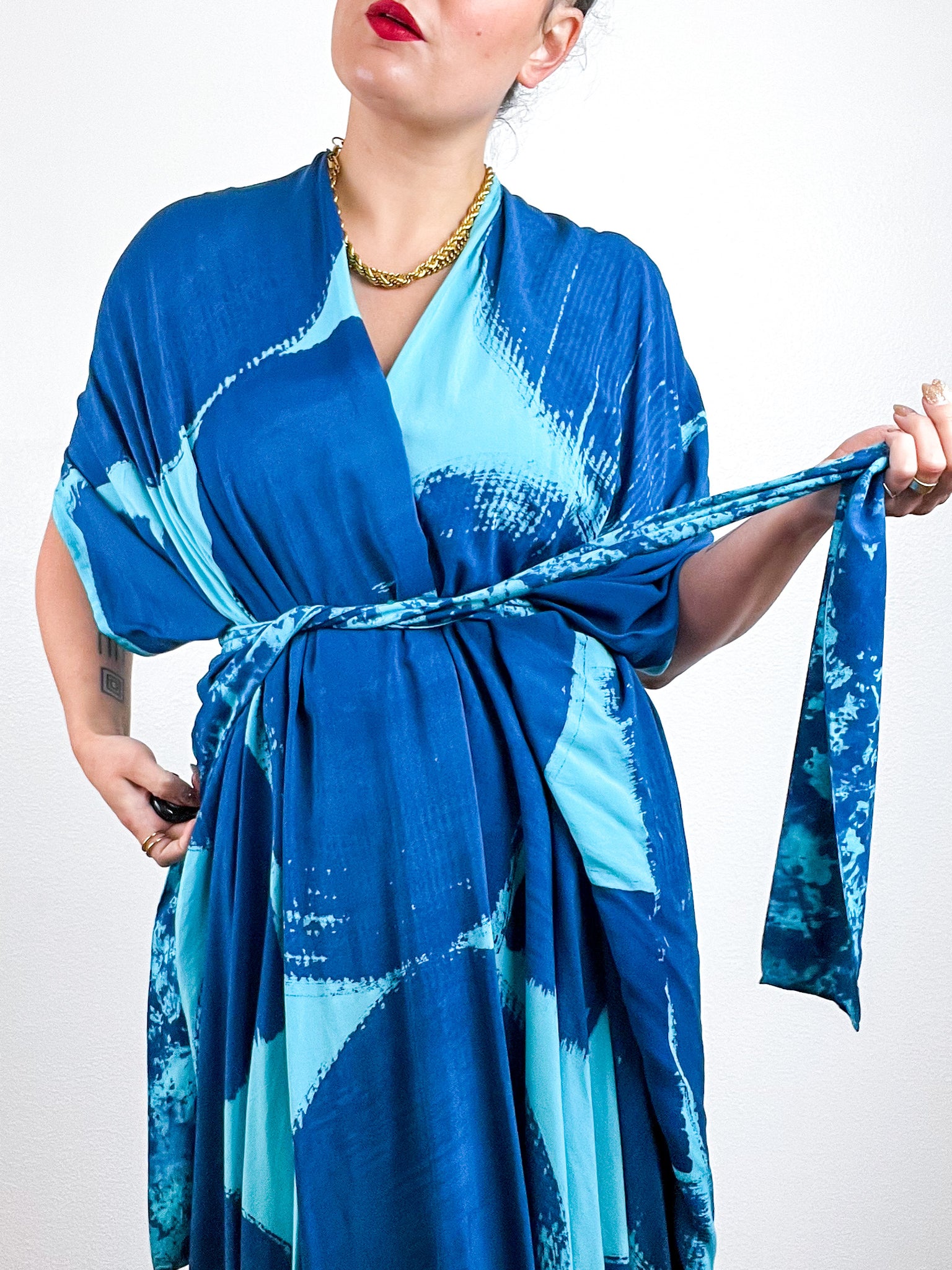 Hand-Dyed High Low Kimono Aqua Indigo Brushstroke