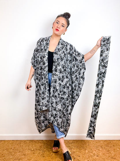 High Low Kimono Black White Mini Floral Rayon Crepe