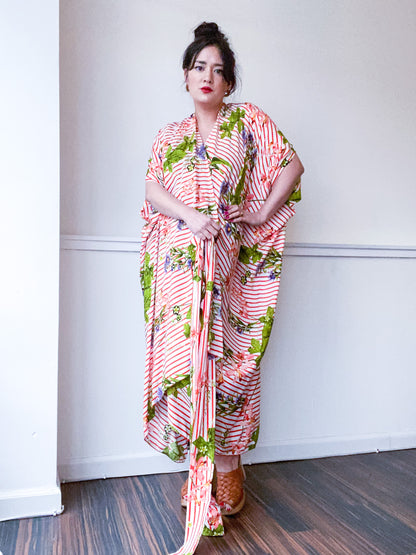 Print High Low Kimono Red Stripe Wildflowers Rayon Challis