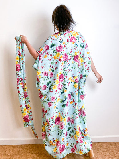 Print High Low Kimono Baby Blue Rose Crepe