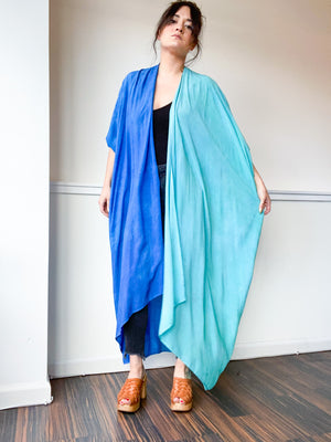 Hand-Dyed High Low Long Kimono 2-Tone Aqua Blue