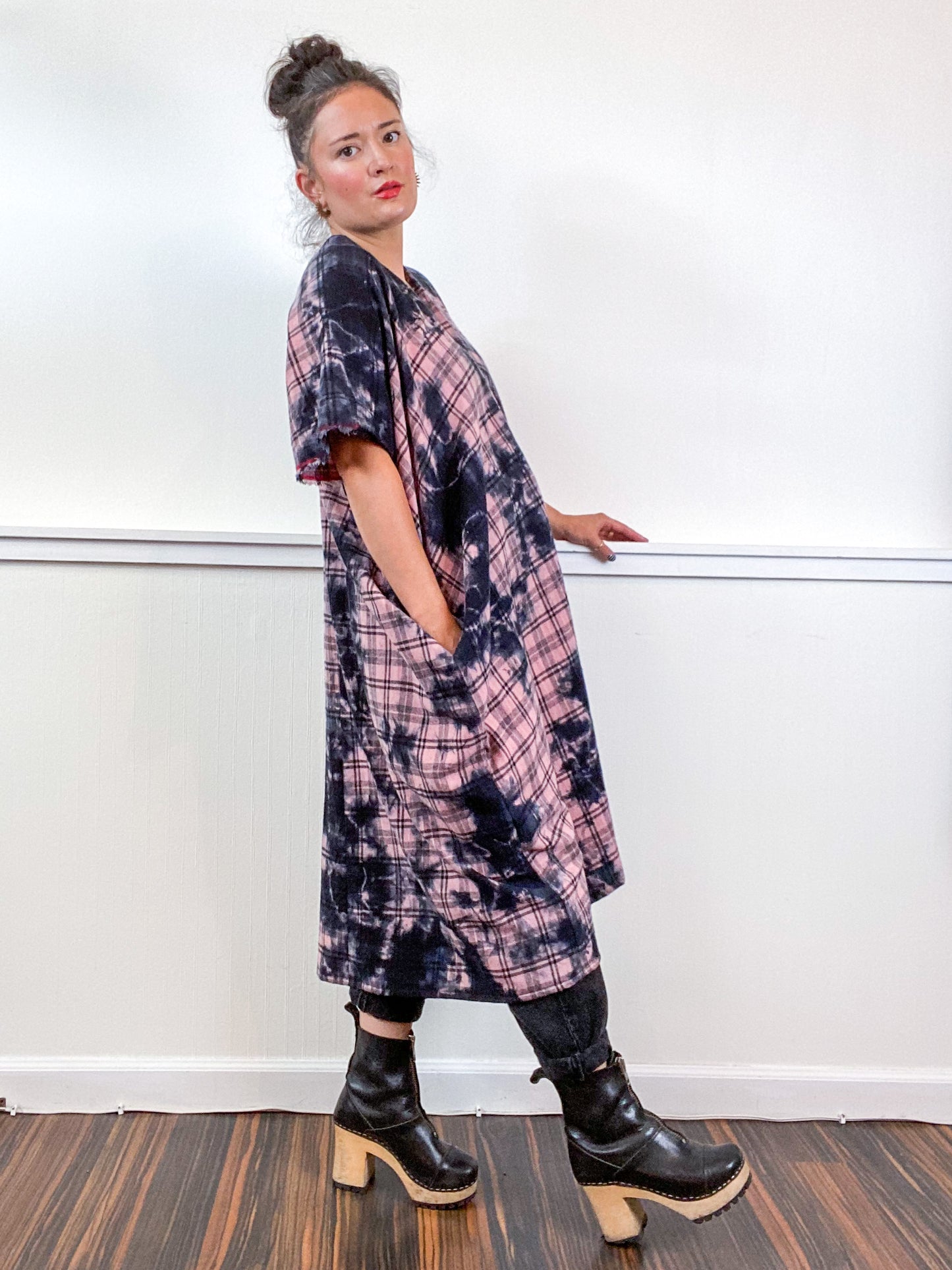 Over-Dye Plaid Smock Dress Pink Black