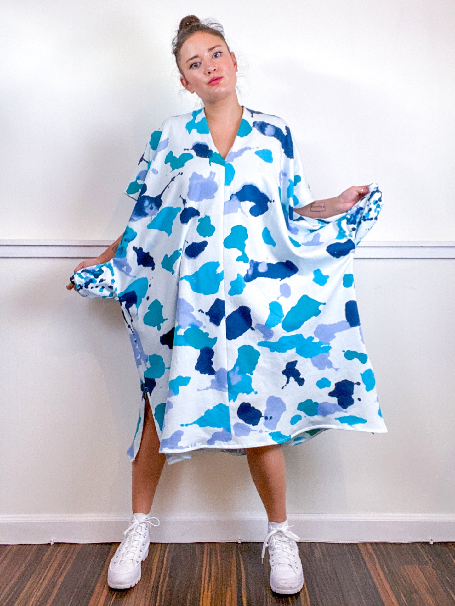 OOAK Hand-Dyed Sweatshirt Smock Dress Size Large Teal Parakeet Baby Blue Aqua
