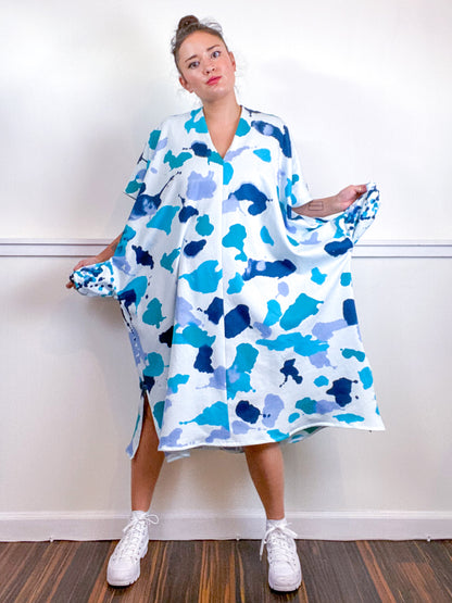 OOAK Hand-Dyed Sweatshirt Smock Dress Size Large Teal Parakeet Baby Blue Aqua