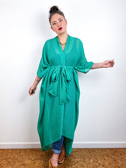 Print High Low Kimono Kelly Green Swiss Dot Chiffon