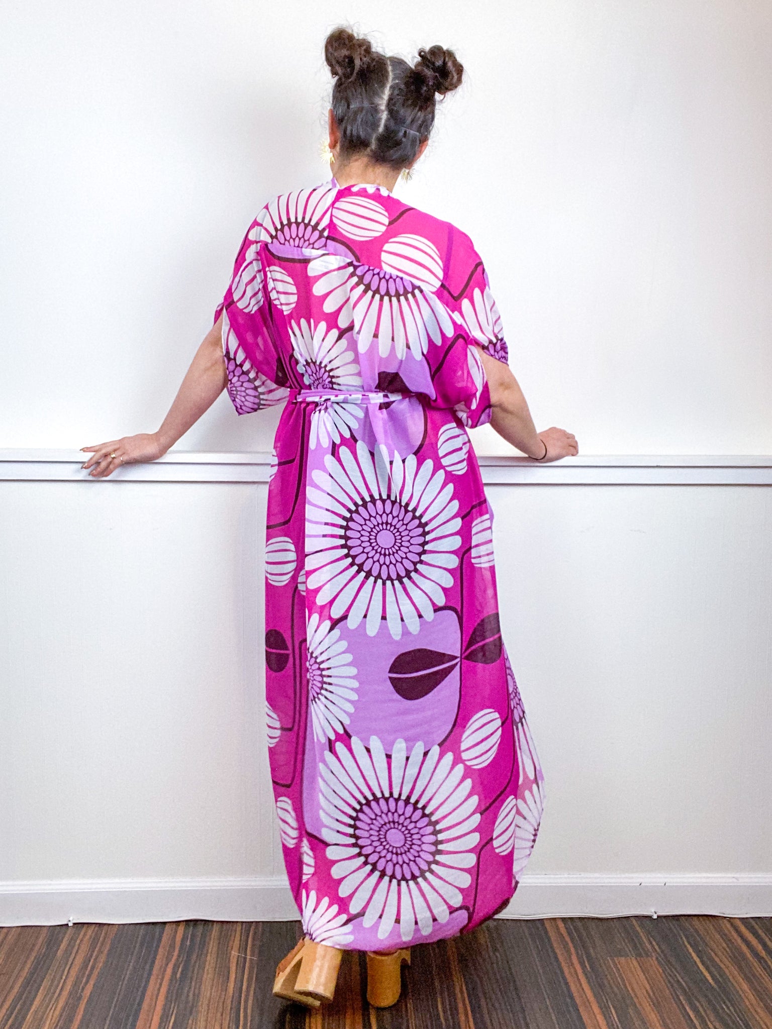 Print High Low Kimono Pink Retro Floral Crinkle Chiffon