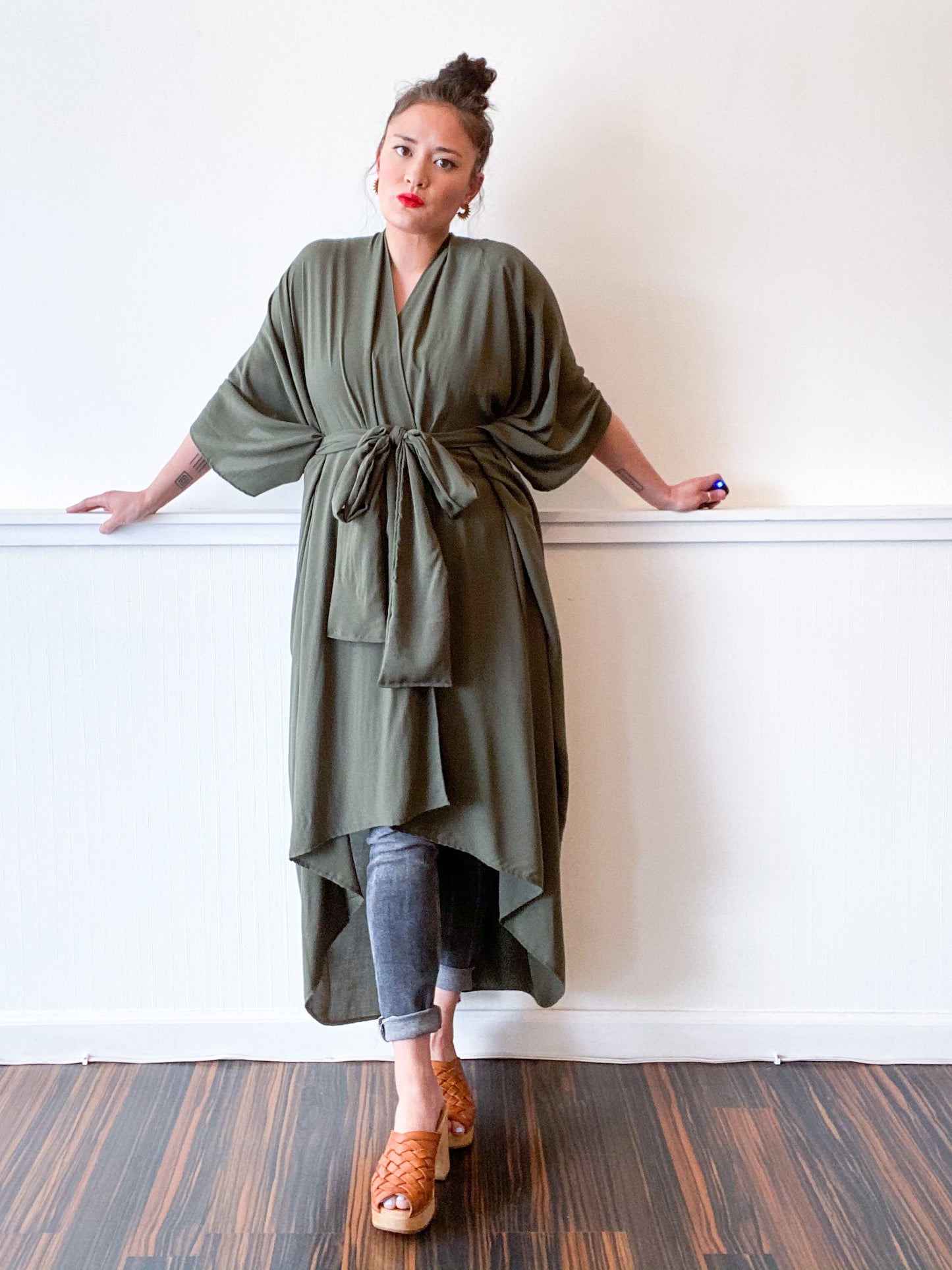 Print High Low Kimono Solid Olive Rayon Challis