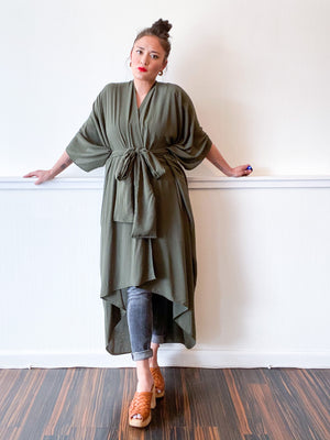 Print High Low Kimono Solid Olive Rayon Challis