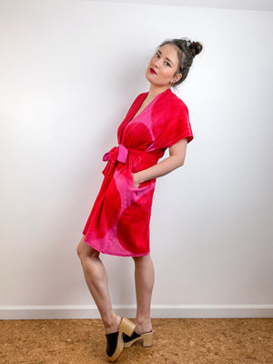 Single Gauze Mini Caftan Dress Scarlet Fuchsia Brushstrokes