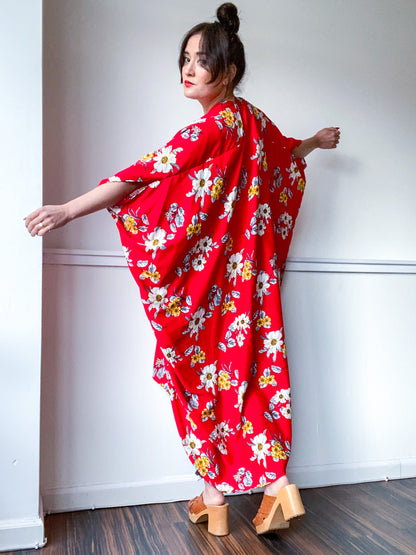 Print High Low Kimono Red Yellow Floral