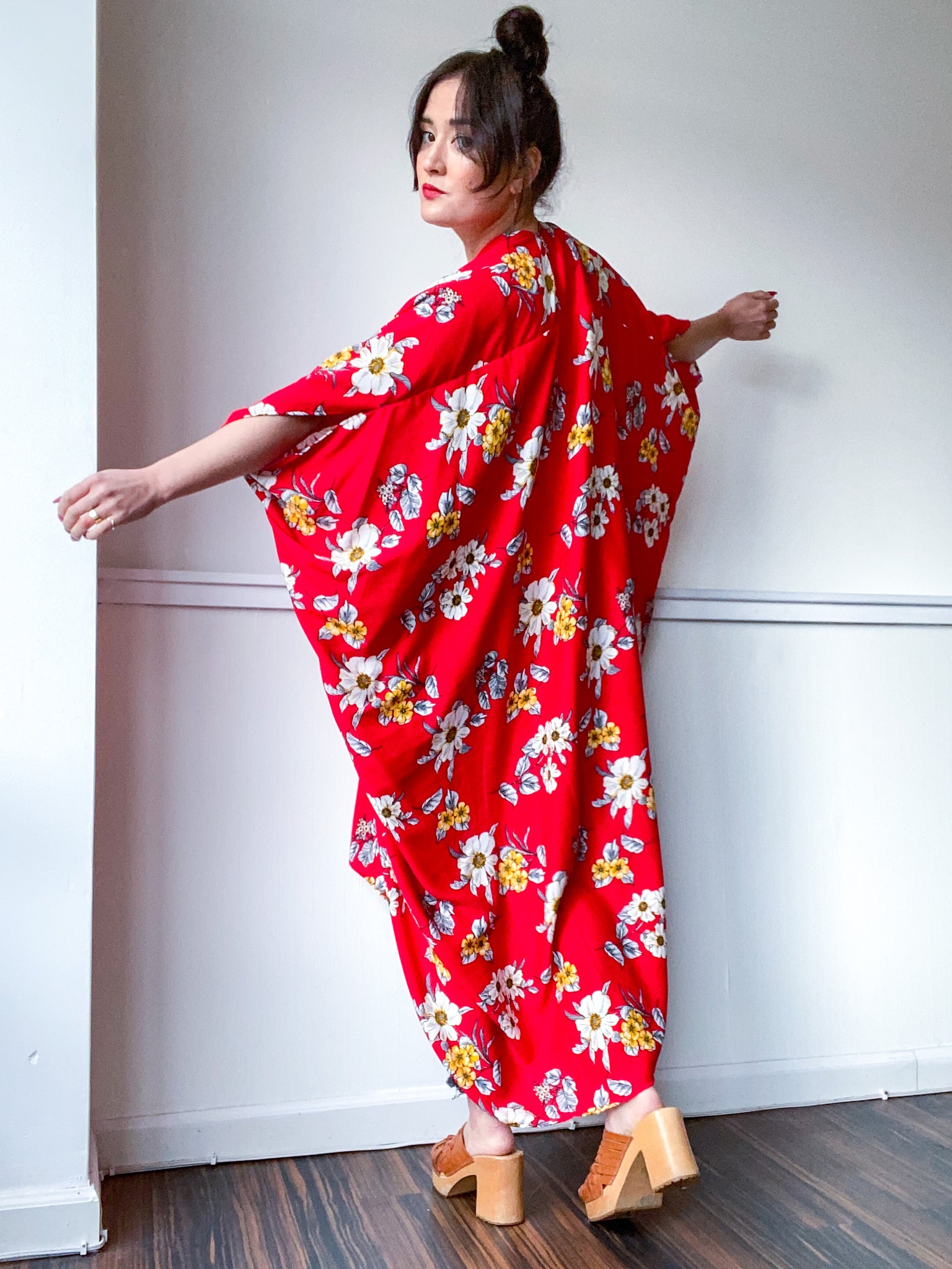 Print High Low Kimono Red Yellow Floral