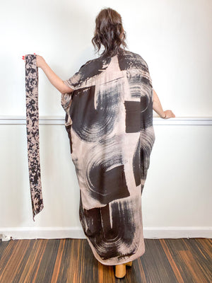 Hand-Dyed High Low Kimono Textured Blush Black Brushstroke