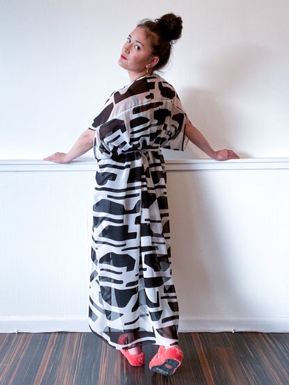 Print High Low Kimono Black White Abstract Chiffon