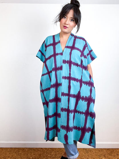 Hand-Dyed Midi Smock Dress Turquoise Maroon Windowpane