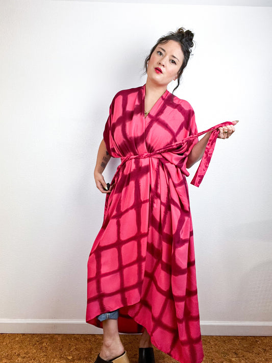 Hand-Dyed High Low Kimono Coral Maroon Windowpane