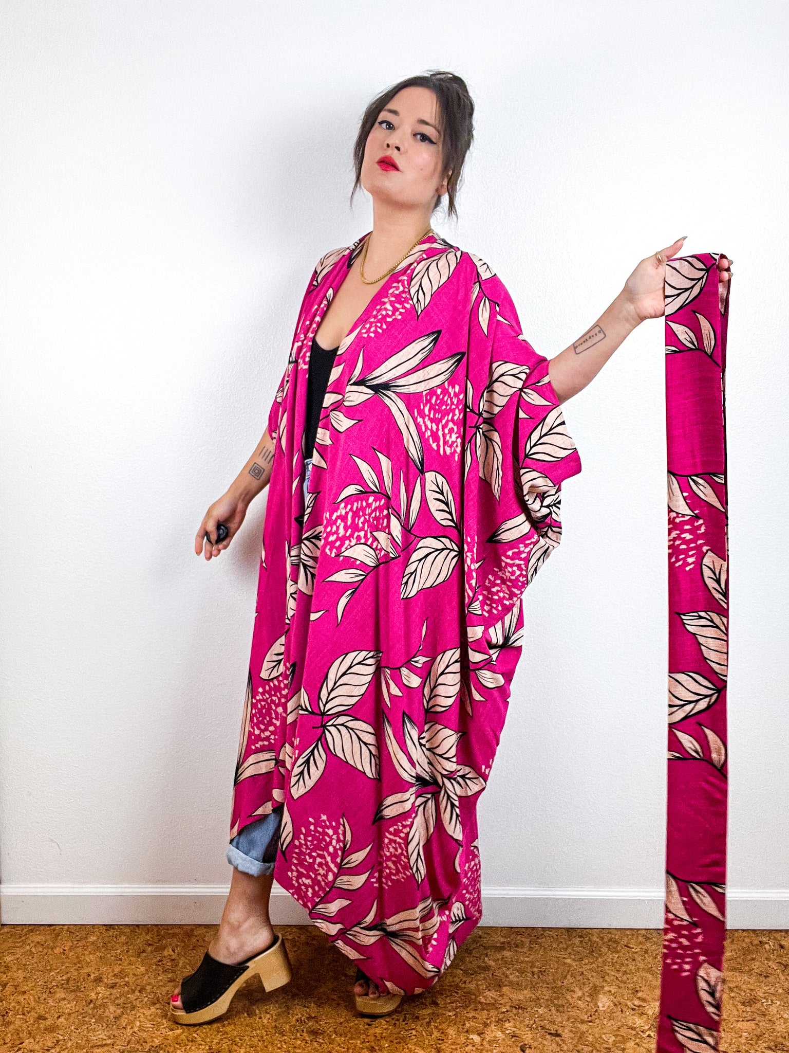 High Low Kimono Pink Tan Leaves Challis
