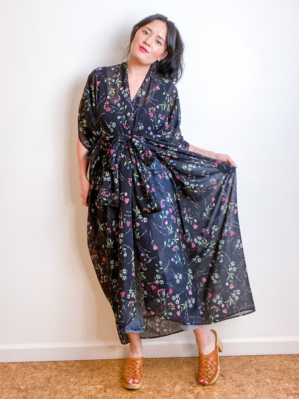 Print High Low Kimono Black Wildflower Chiffon