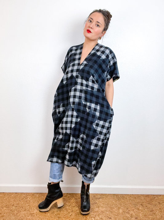 Disrupted Plaid Flannel Smock Dress Black X Grey Buffalo