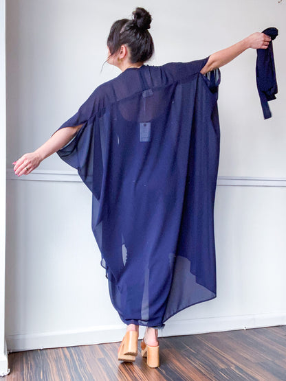 Print High Low Kimono Navy Georgette