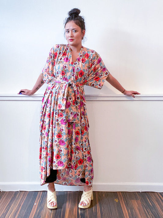 Print High Low Kimono Peach Floral Knit