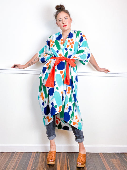 OOAK Hand-Dyed High Low Kimono Indigo Tangerine Emerald Parakeet Confetti