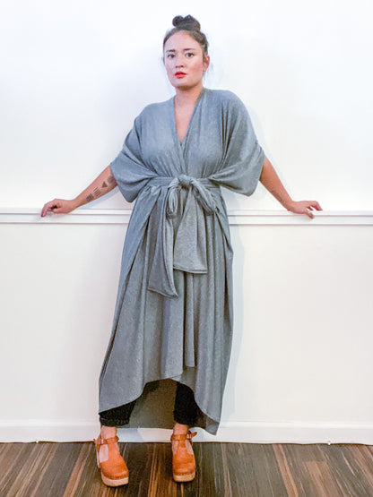 Solid High Low Kimono Heather Grey Sweater Knit