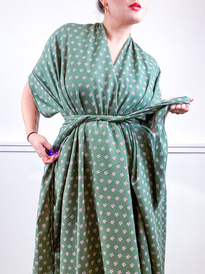 Print High Low Kimono Olive Tie Challis