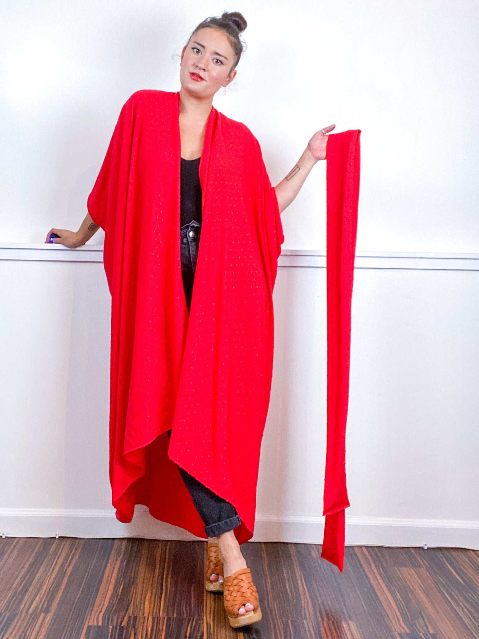 Solid High Low Kimono Red Swiss Dot Crinkle Rayon