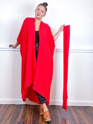 Solid High Low Kimono Red Swiss Dot Crinkle Rayon