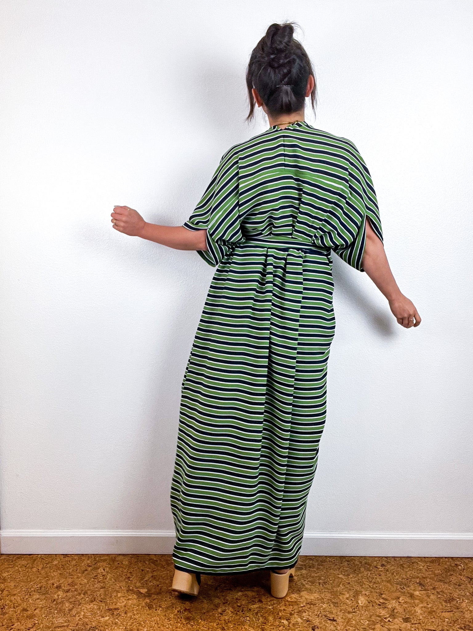 Print High Low Kimono Navy Green Stripe Double Crepe