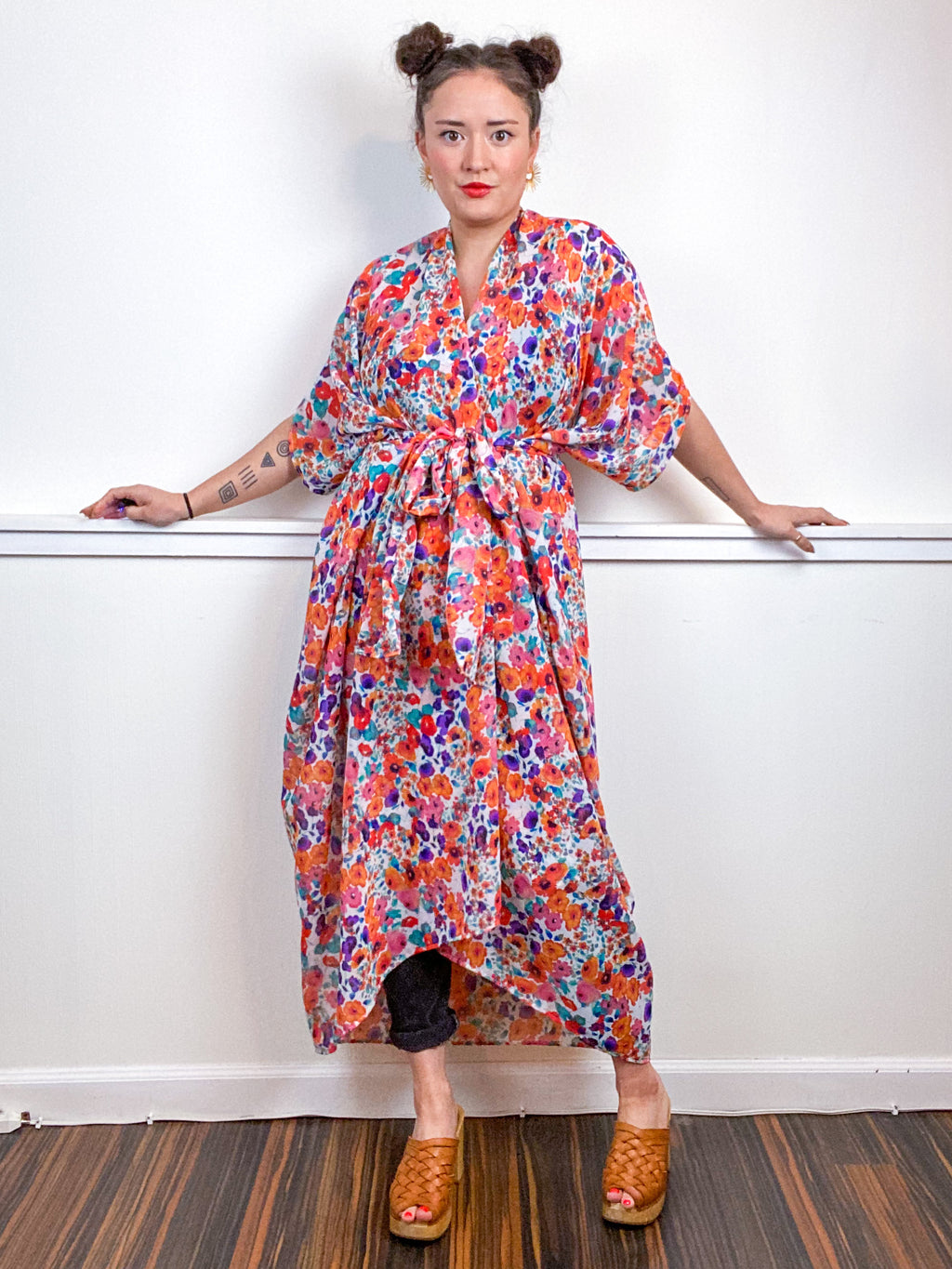 Print High Low Kimono Multicolor Watercolor Chiffon