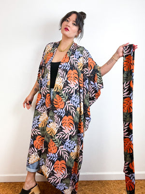 Print High Low Kimono Earthy Tropical Crepe