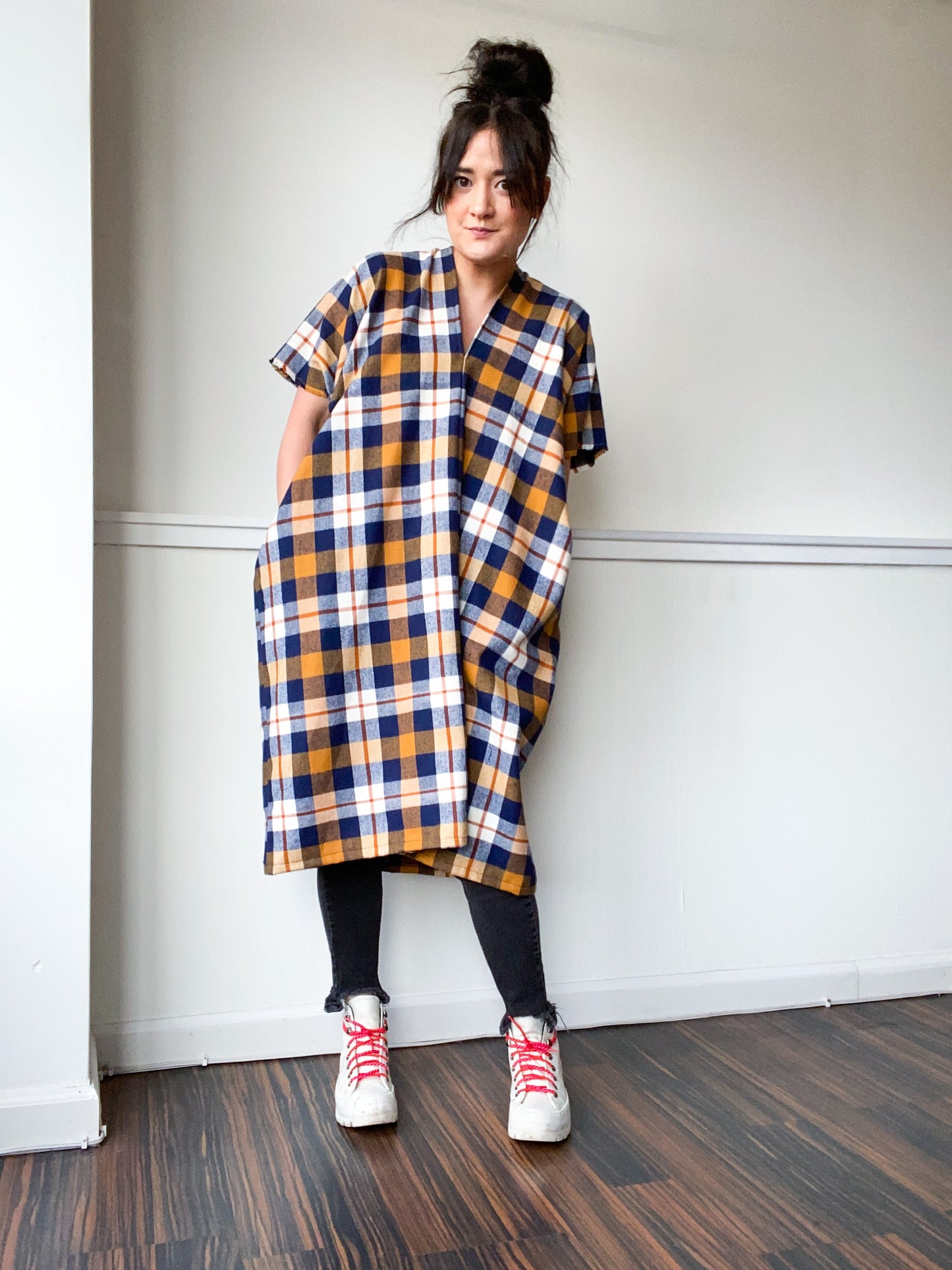 Plaid Midi Smock Dress Mustard Navy