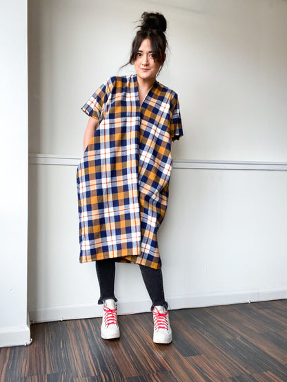 Plaid Midi Smock Dress Mustard Navy