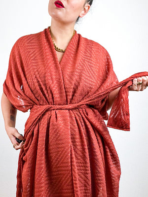 Solid High Low Kimono Rust Flocked Chevron Chiffon