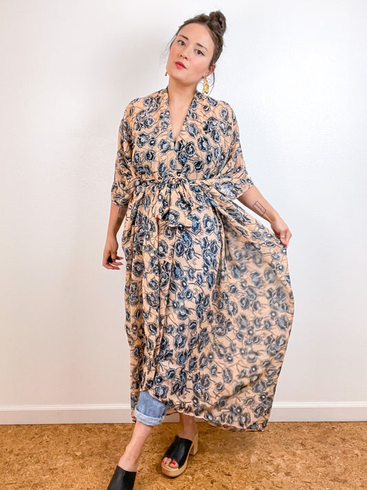 Print High Low Kimono Peach Poppy Floral Chiffon