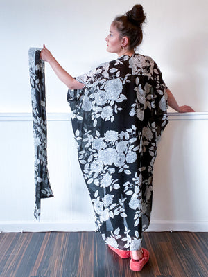 Print High Low Kimono Black White Floral Crinkle Chiffon