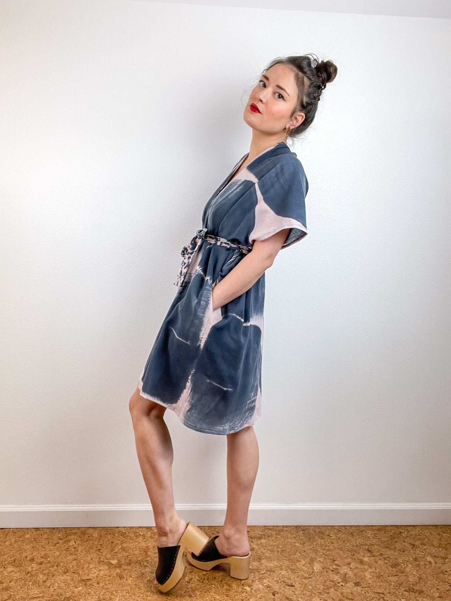 Single Gauze Mini Caftan Dress Blush Graphite Brushstrokes