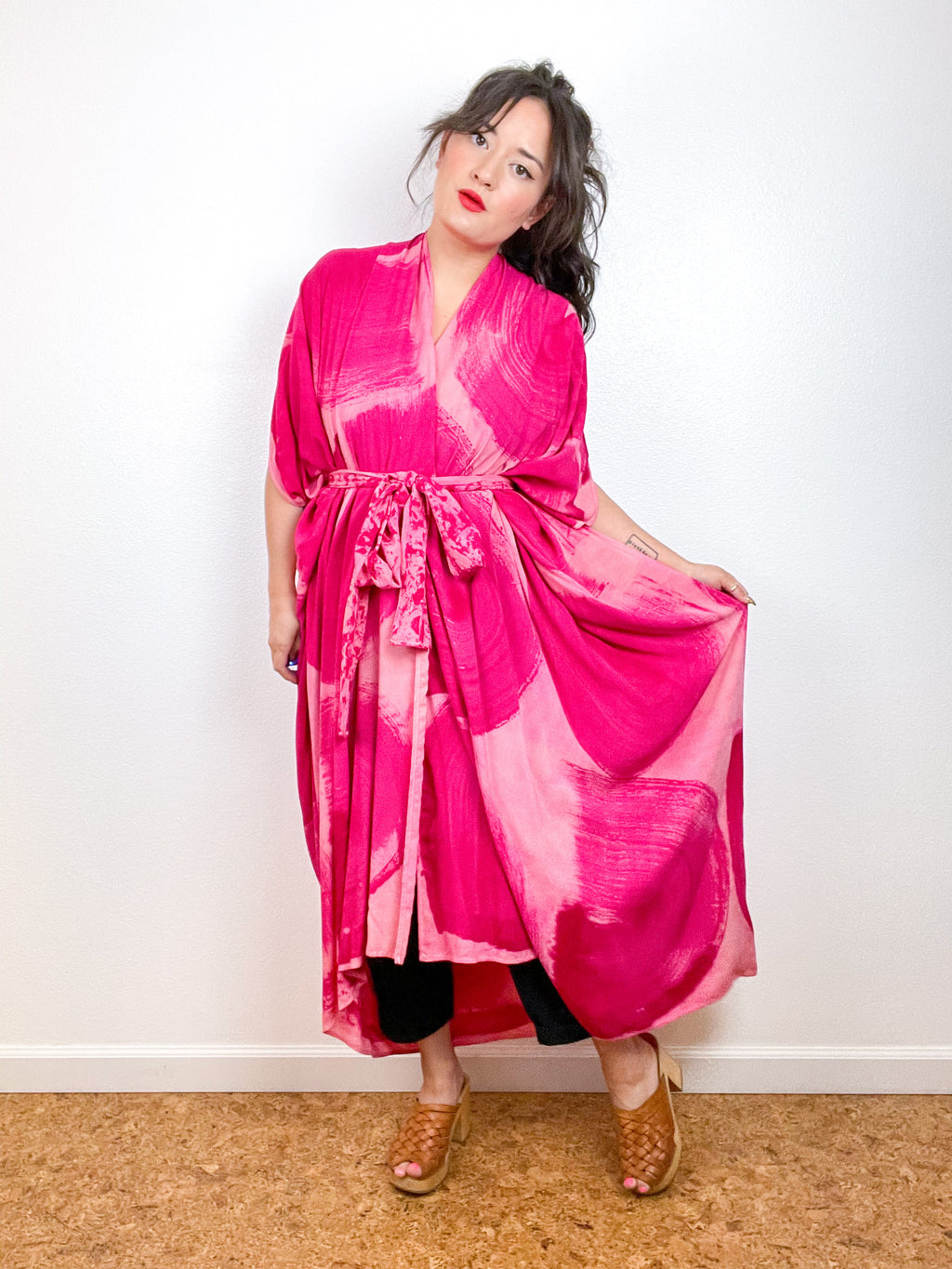 Hand-Dyed High Low Kimono Pink Fuchsia Brushstroke