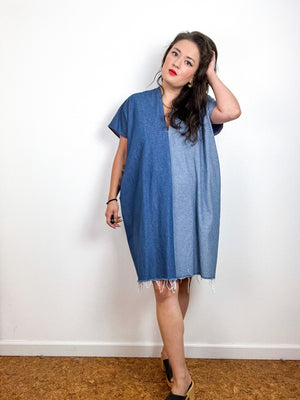 Denim Mini Smock Dress Two Tone