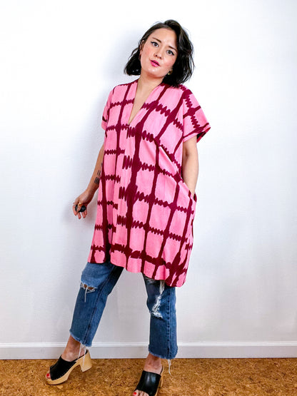 Hand-Dyed Mini Smock Dress Pink Maroon Windowpane