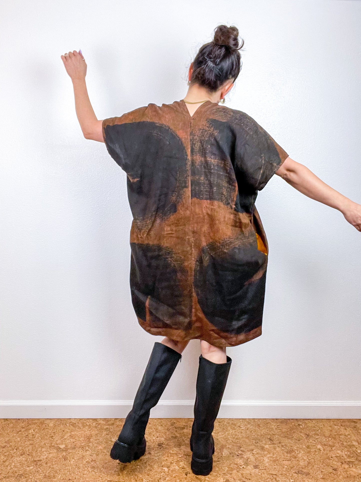 Hand-Dyed Linen Smock Dress Chestnut Black Brushstrokes
