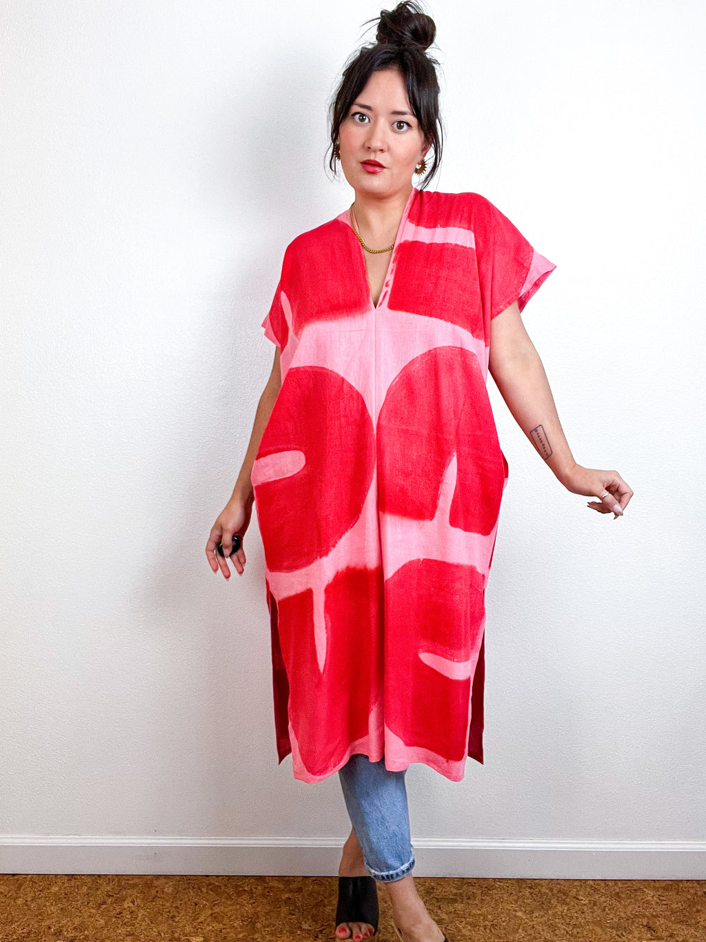 Hand-Dyed Midi Smock Dress Coral Scarlet Brush