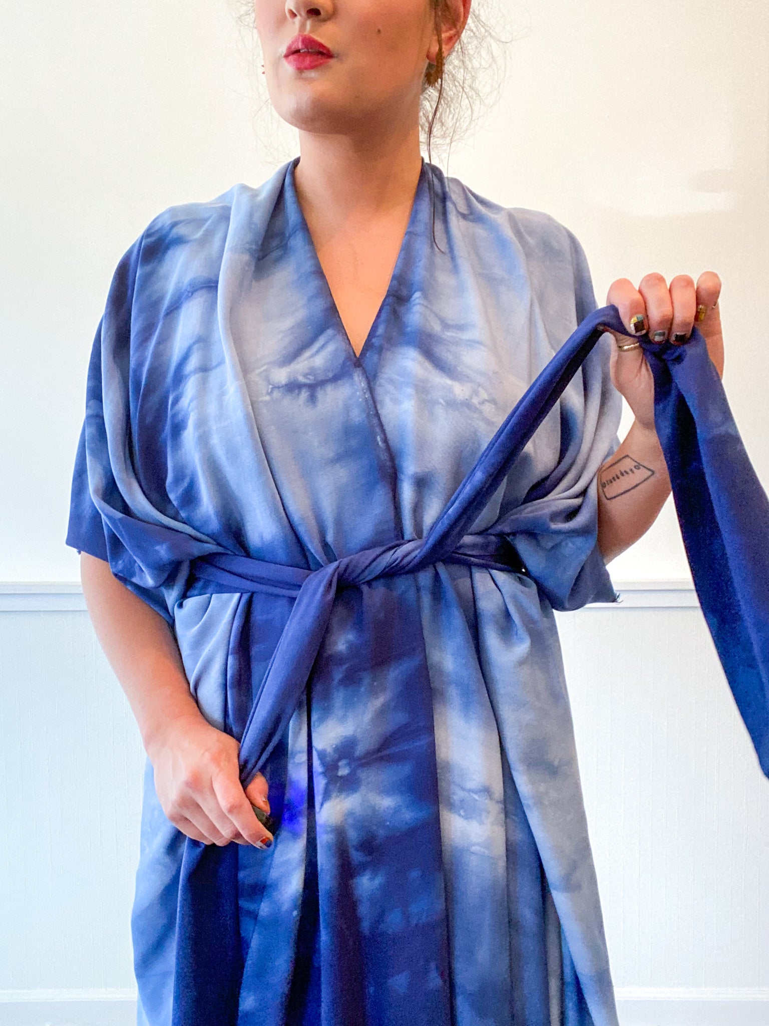 Hand-Dyed High Low Kimono Soft Blue Lines