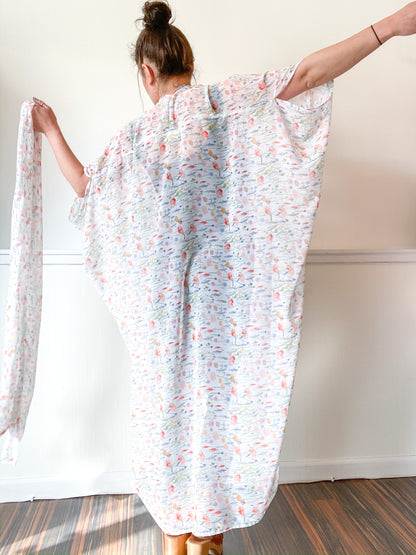Print High Low Kimono White Floral Chiffon