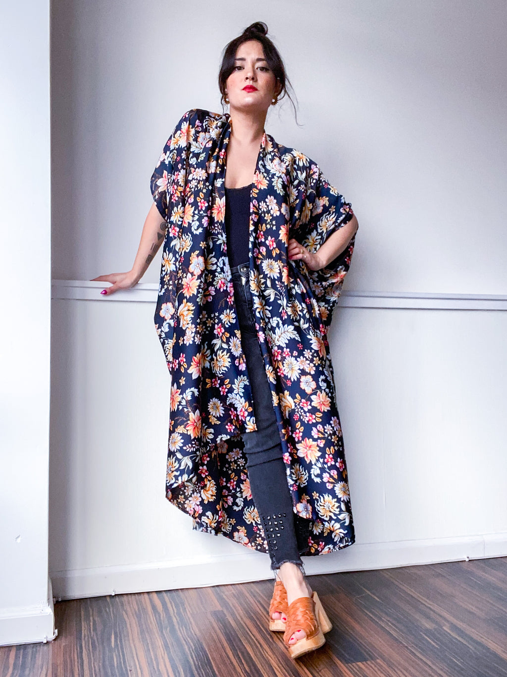 Print High Low Kimono Navy Charmeuse Floral